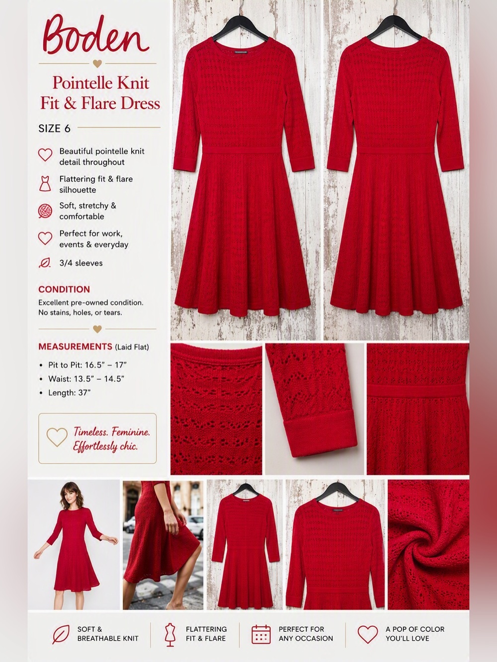 Boden Poppy Knitted Fit & Flare Dress - Cherry Red (Size 6)